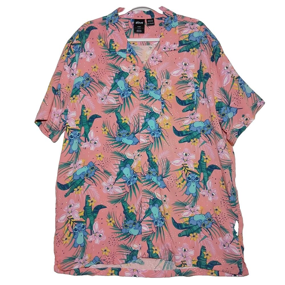 Disney Lilo & Stitch Men’s Shirt Button Down Hawaiian Pink Funny Vacation XL 990